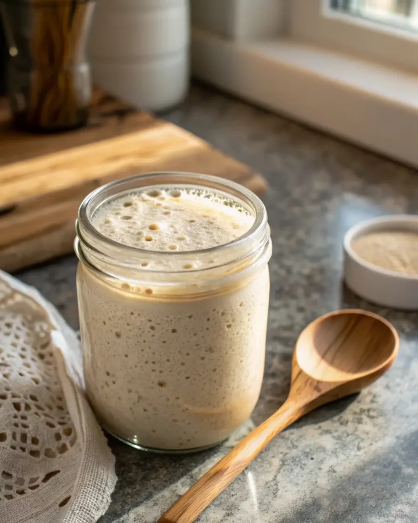 Active sourdough starter in a glass jar