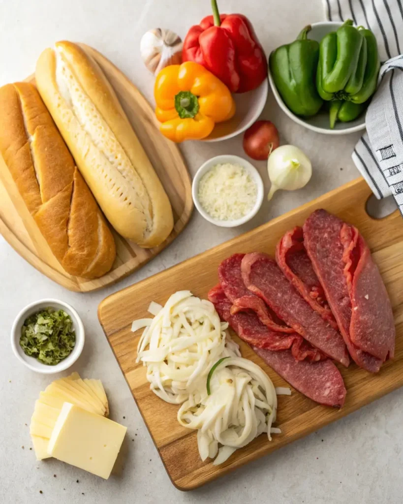 Cheesesteak sandwich ingredients flat lay