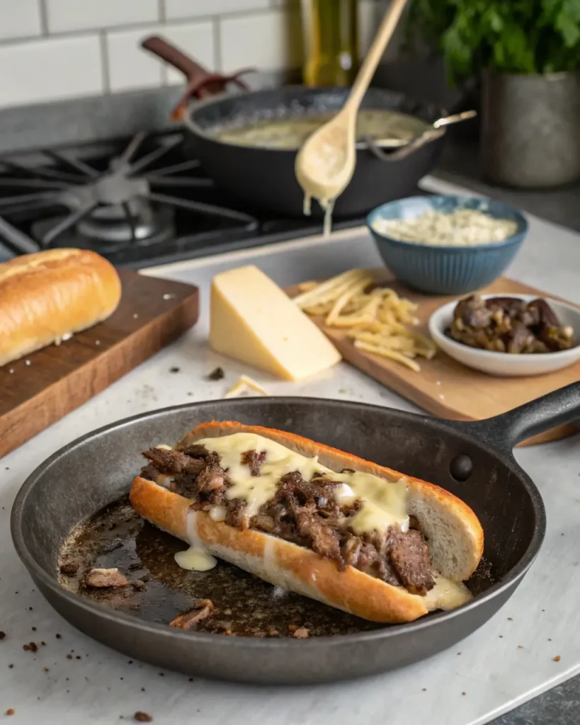 Cooking cheesesteak sandwich with steak and melted cheese