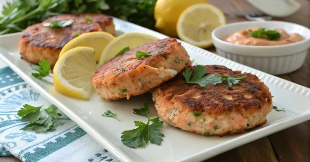 Crispy homemade salmon patties recipe with lemon and herbs