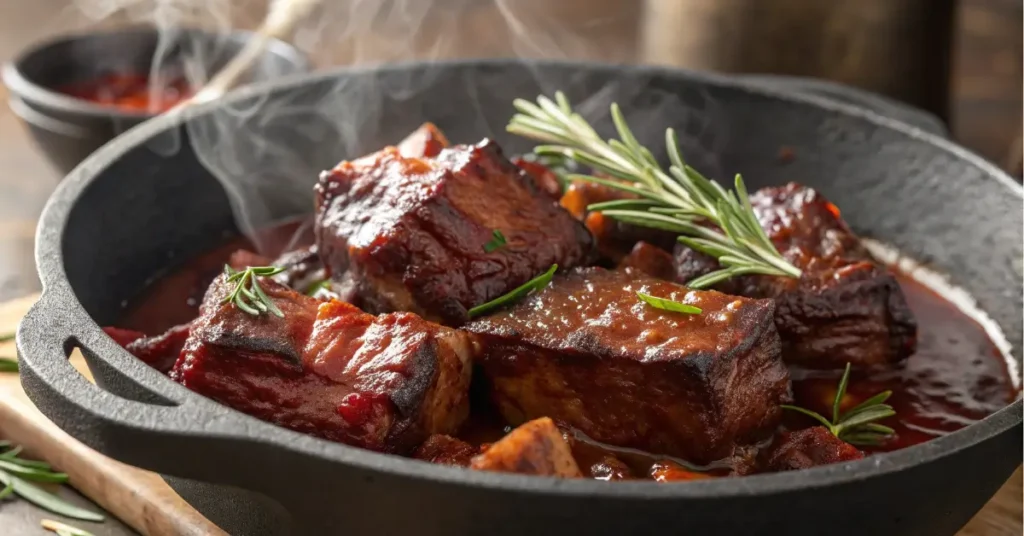 Juicy oven-braised short ribs in cast iron pot