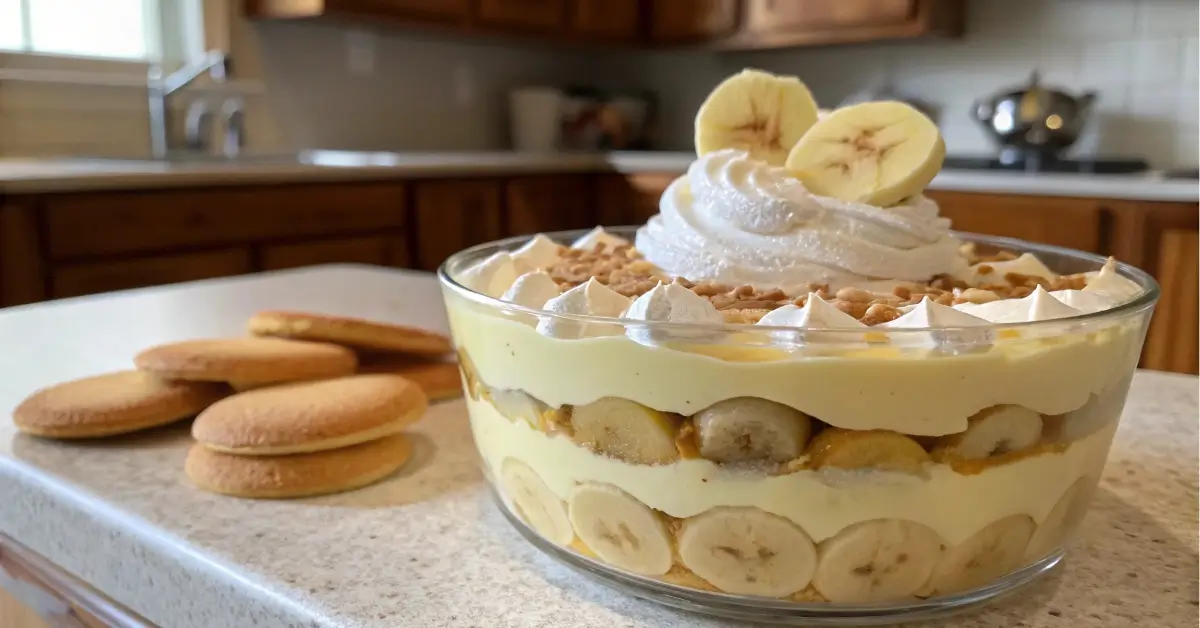 Layered banana pudding with banana pudding dessert in a glass dish, topped with whipped cream and banana slices