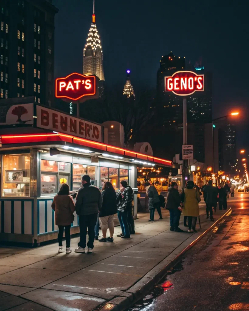 Pat’s and Geno’s cheesesteak restaurants in Philly