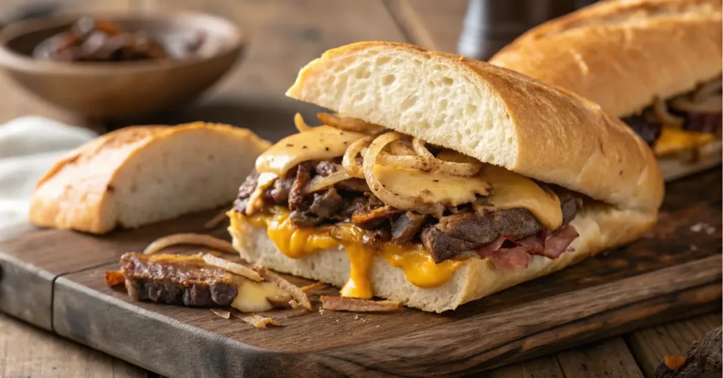 Philly cheesesteak sandwich close-up with melted cheese