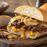 Philly cheesesteak sandwich close-up with melted cheese