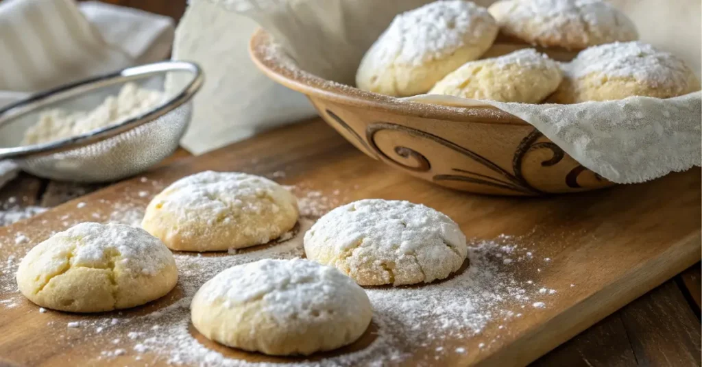 Soft Ricciarelli Italian almond cookies on rustic table