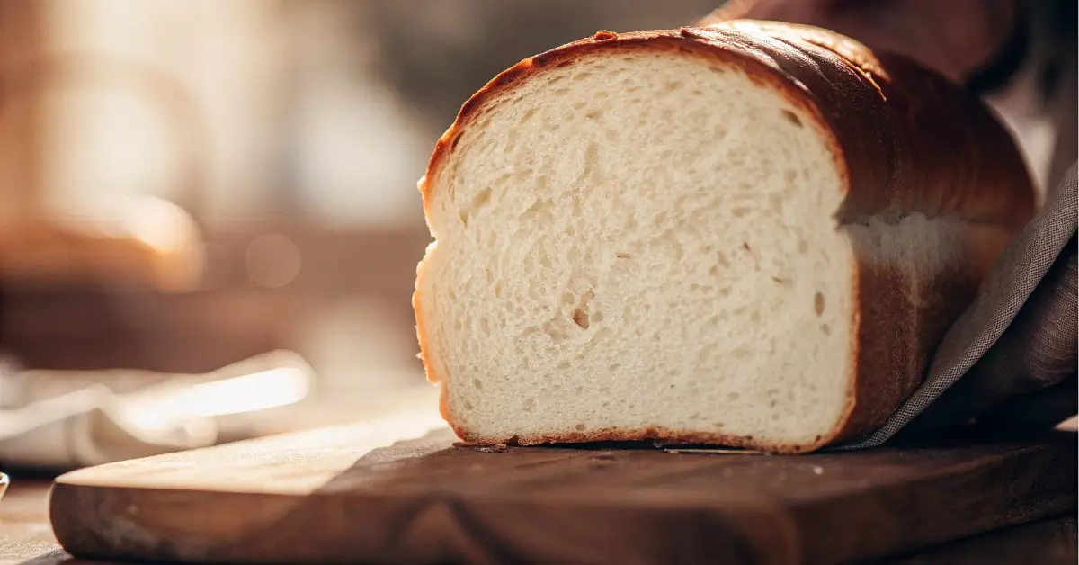 Soft and golden sourdough sandwich bread sliced on a wooden board