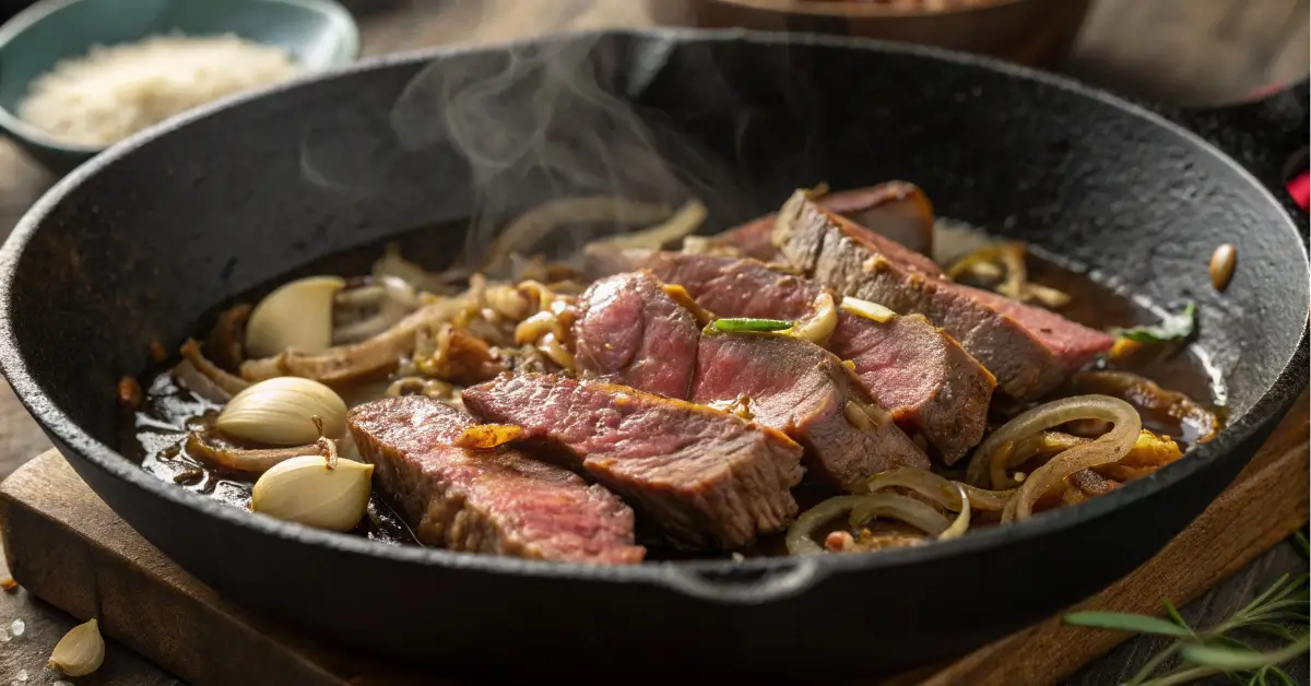 Thin sliced beef cooking in skillet with garlic