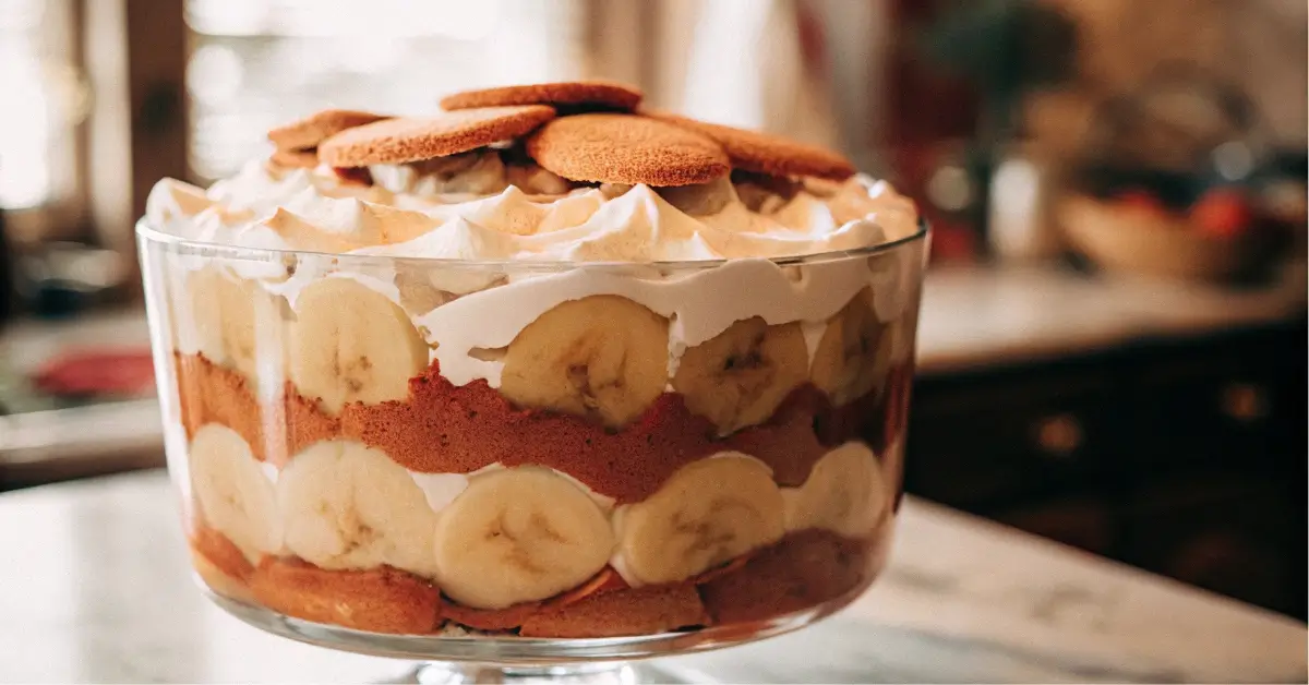 banana pudding layered in trifle bowl