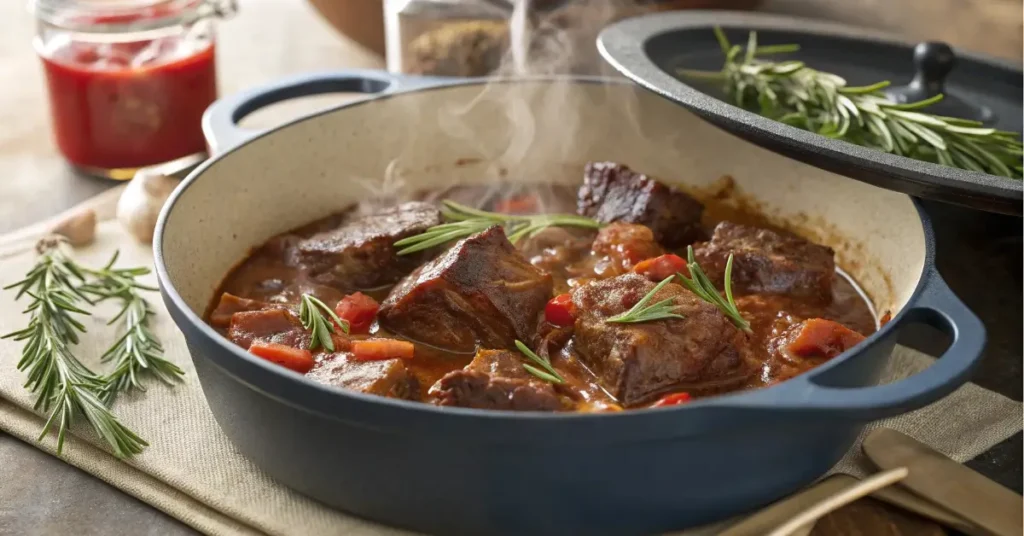 beef short ribs in dutch oven with rosemary