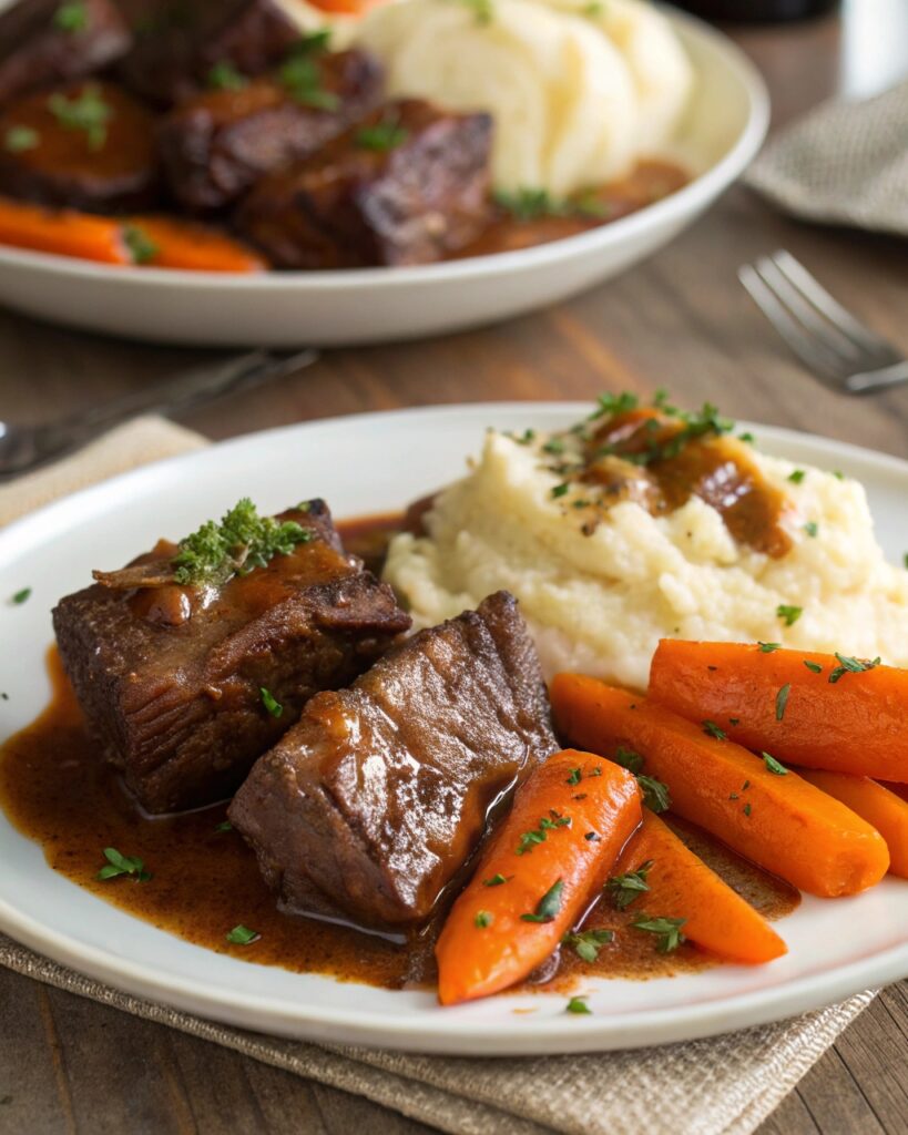 beef short ribs with mashed potatoes and carrots