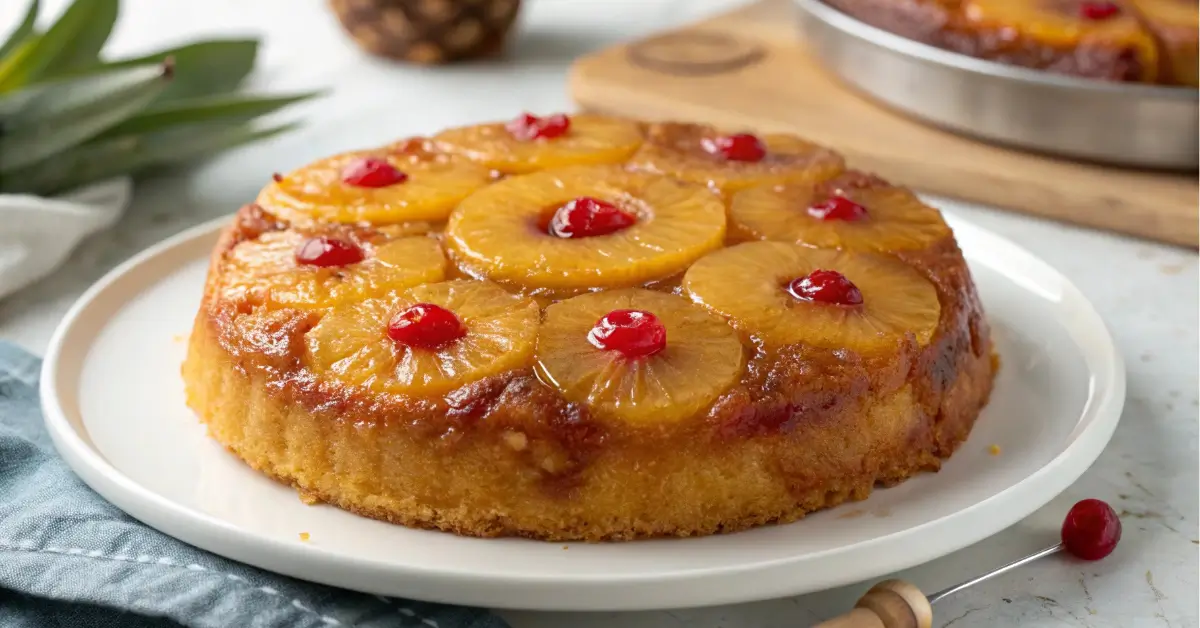 pineapple upside down cake freshly flipped and glistening