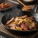 searing shaved beef in skillet