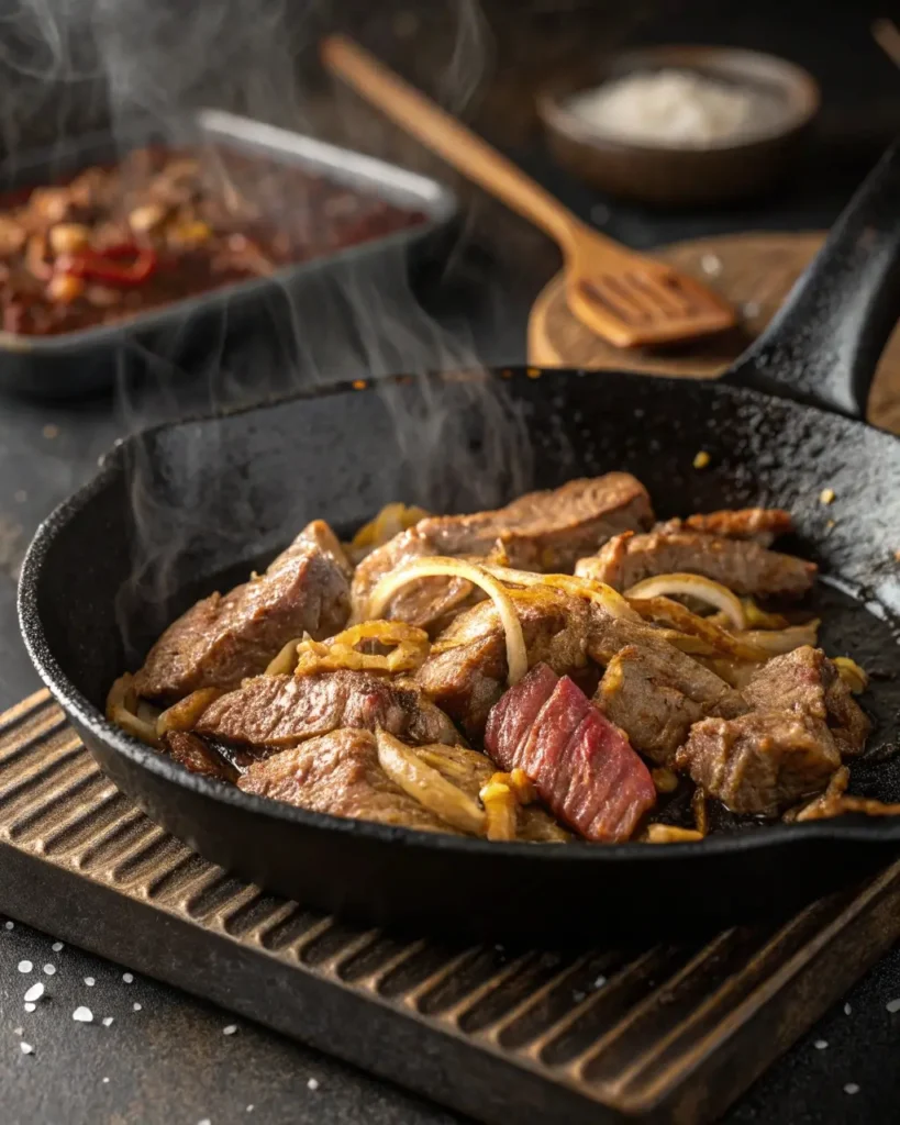 searing shaved beef in skillet