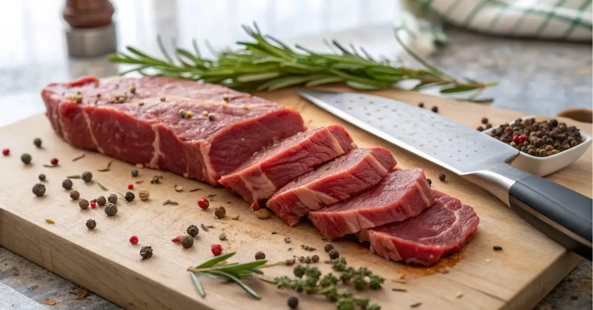 shaved beef steak raw slices on wooden board