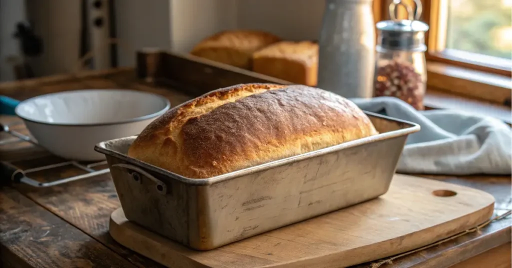 sourdough in loaf pan fresh from oven