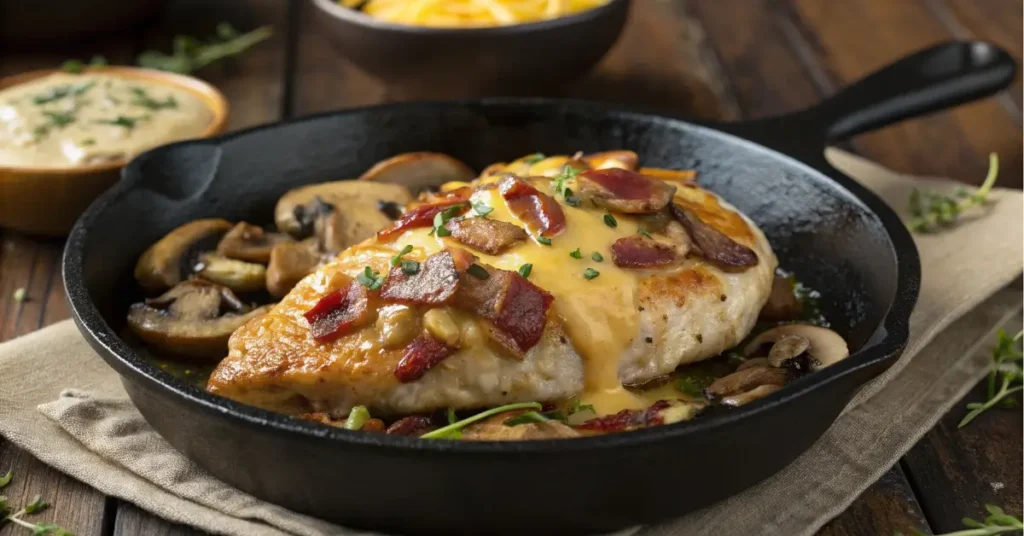 Alice’s Spring Chicken in cast iron skillet with cheese and bacon