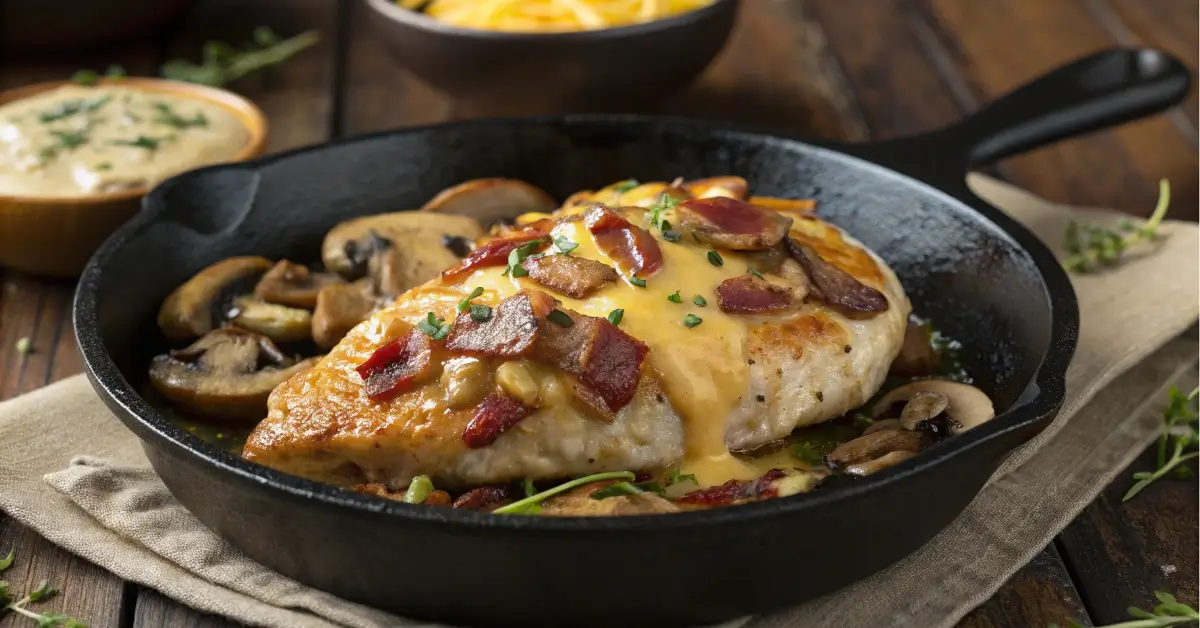 Alice’s Spring Chicken in cast iron skillet with cheese and bacon