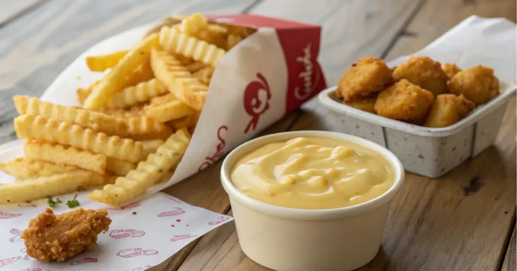 Chick-fil-A sauce with nuggets and waffle fries