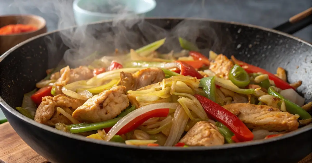 Chicken and cabbage stir fry in a wok