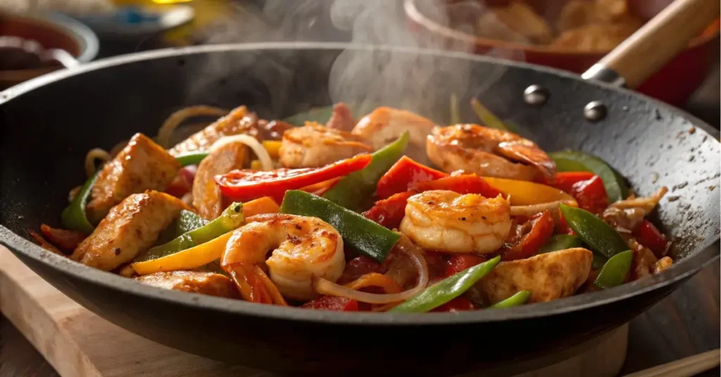 Chicken and shrimp stir fry in wok with vegetables