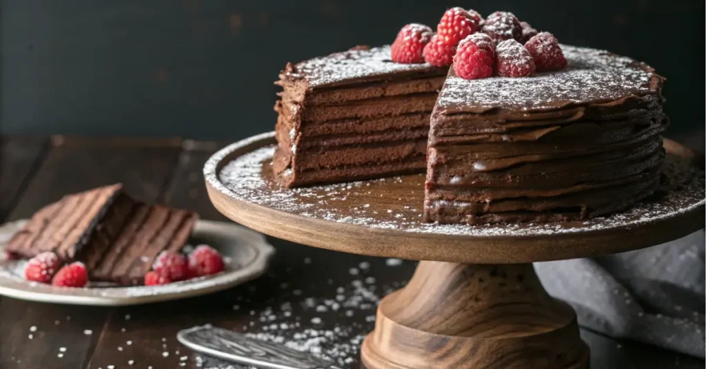 Chocolate crepe cake layered with chocolate cream and raspberries