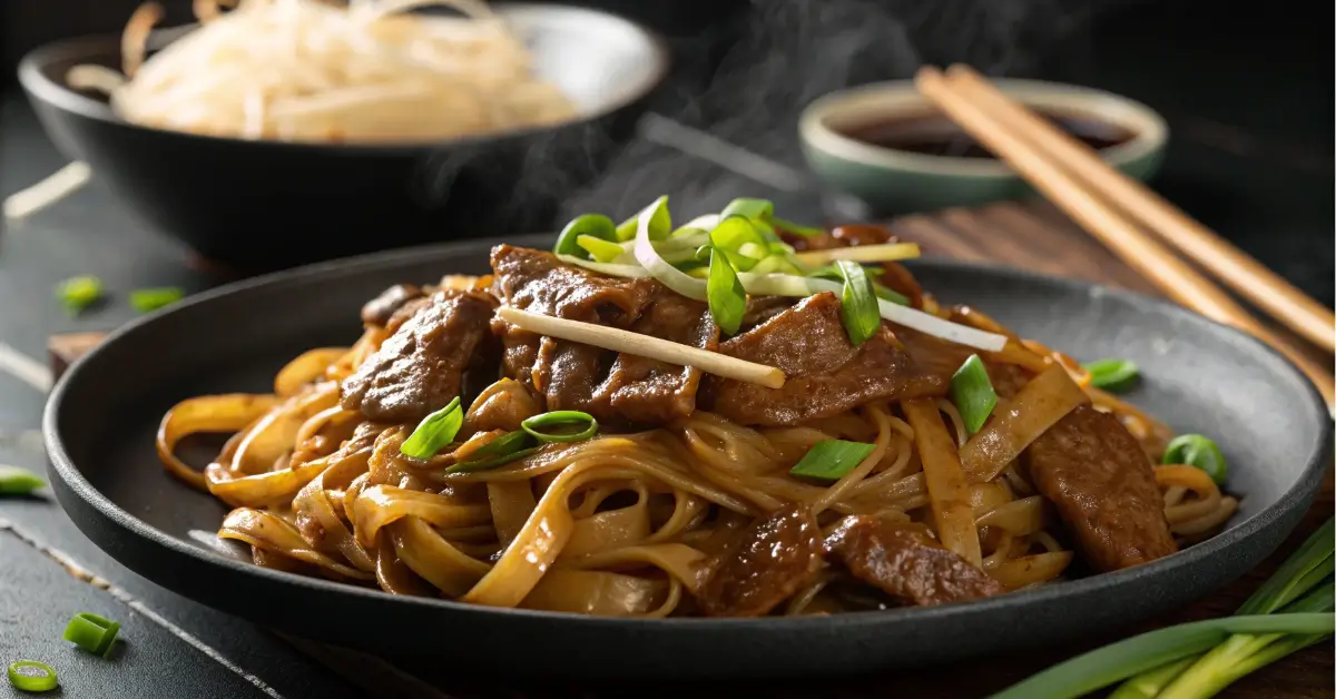 Chow fun noodles with beef and green onions