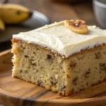 Close-up of banana cake mix slice with frosting
