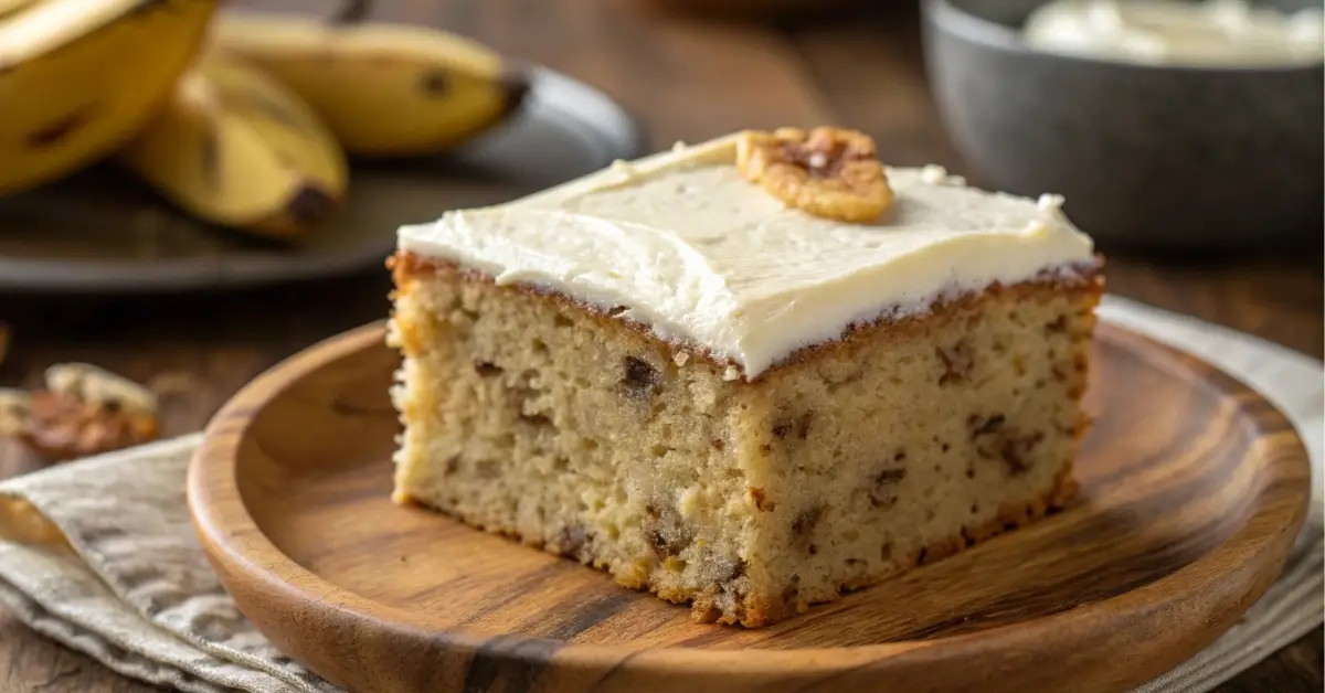 Close-up of banana cake mix slice with frosting