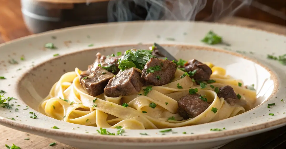 Creamy steak pasta recipe with tender steak and parsley