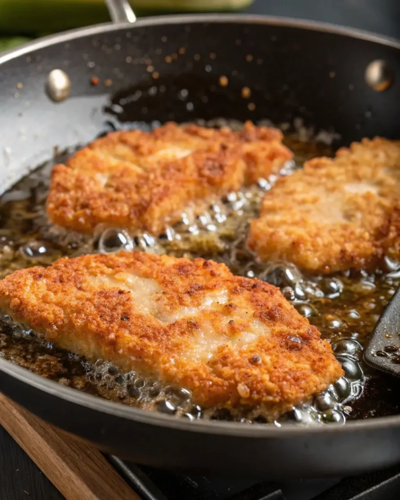Crispy panko thin chicken cutlets in skillet