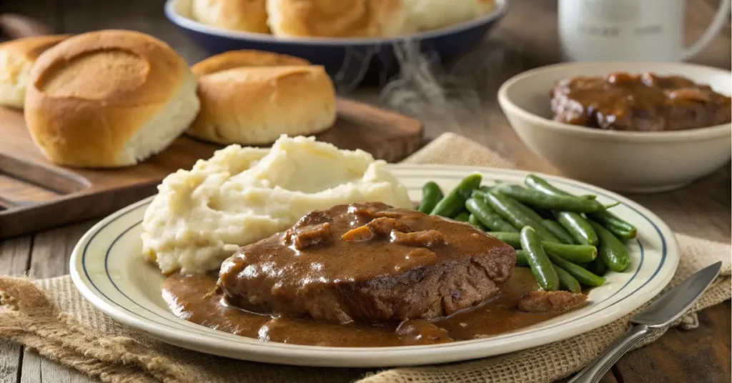 Crock pot cube steak with gravy and mashed potatoes