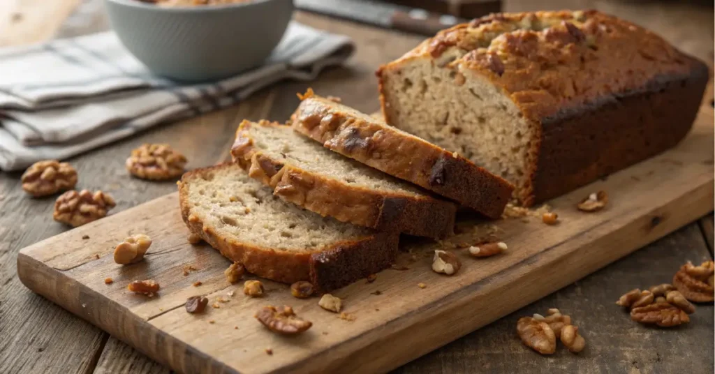 Freshly baked Starbucks banana nut bread recipe on cutting board