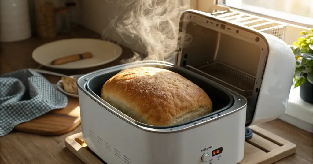 Freshly baked bread machine recipe loaf inside bread maker