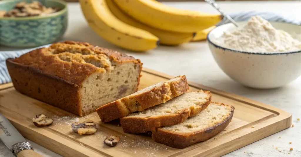 Freshly baked cake mix banana bread sliced on a board