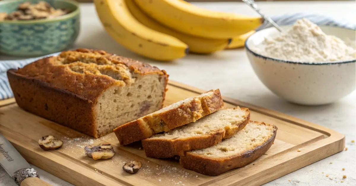 Freshly baked cake mix banana bread sliced on a board