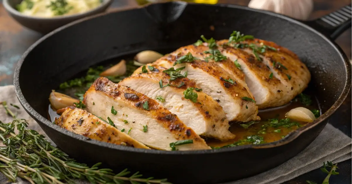 Garlic butter chicken thin sliced breast in skillet