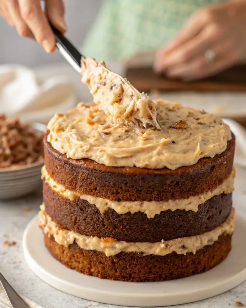 Layering coconut pecan frosting in German choc cake