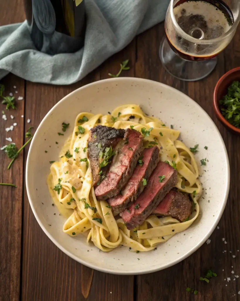 Plated creamy steak pasta recipe
