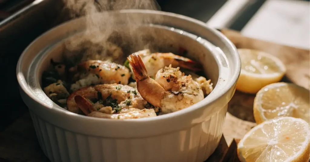 Shrimp and chicken recipe served hot with lemon