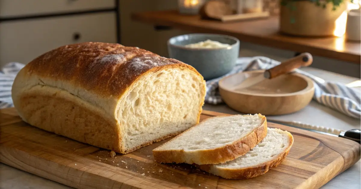 Sliced sourdough sandwich loaf with soft crumb