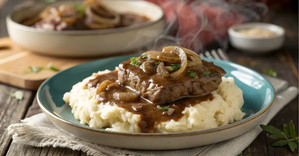 Slow cooker cube steak with brown gravy on mashed potatoes