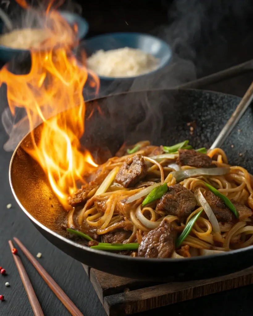 Stir-fried beef chow fun in wok with flames