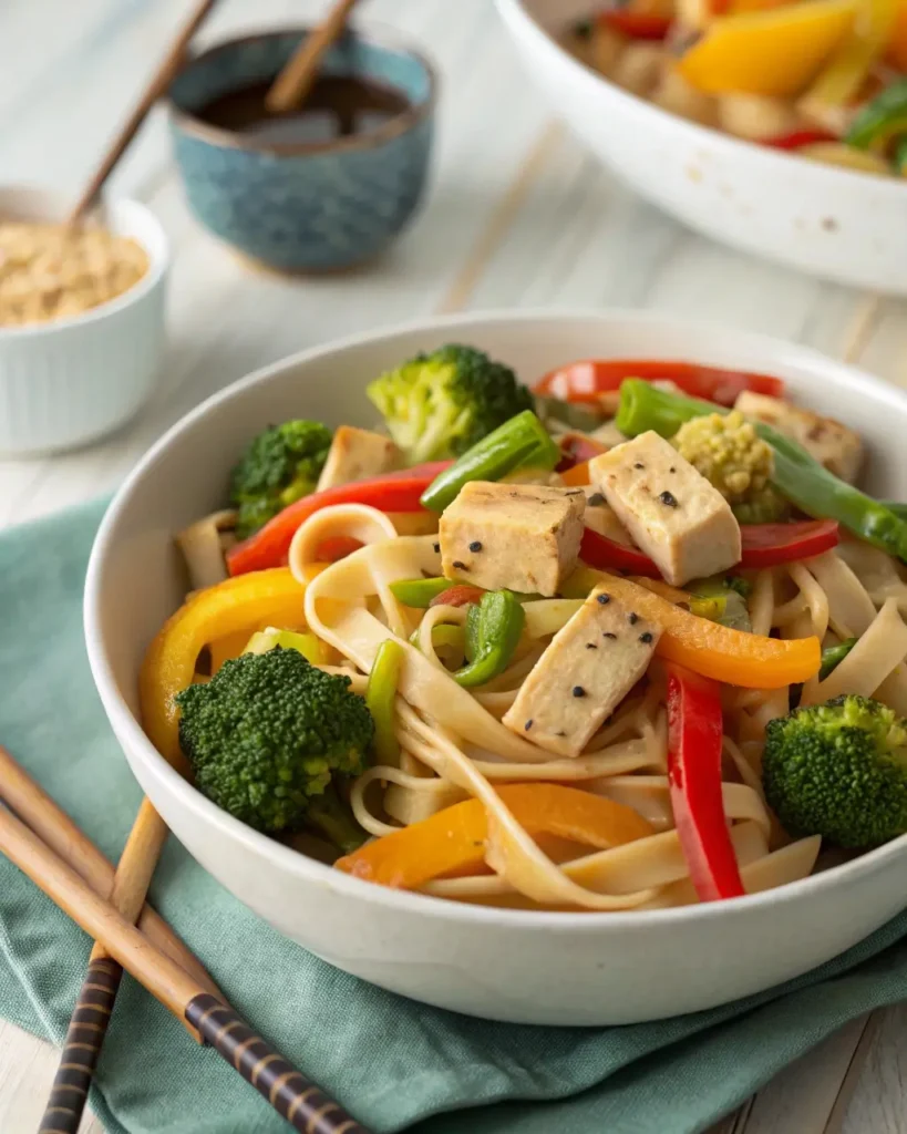 Vegetarian chow fun with tofu and colorful vegetables