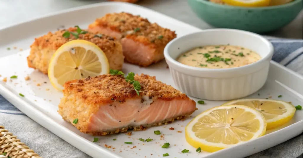 air fry salmon bites served crispy with dipping sauce