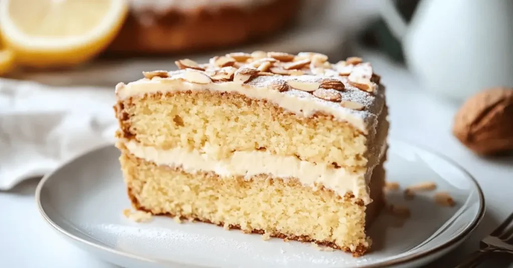 Moist almond cake recipe topped with slivered almonds