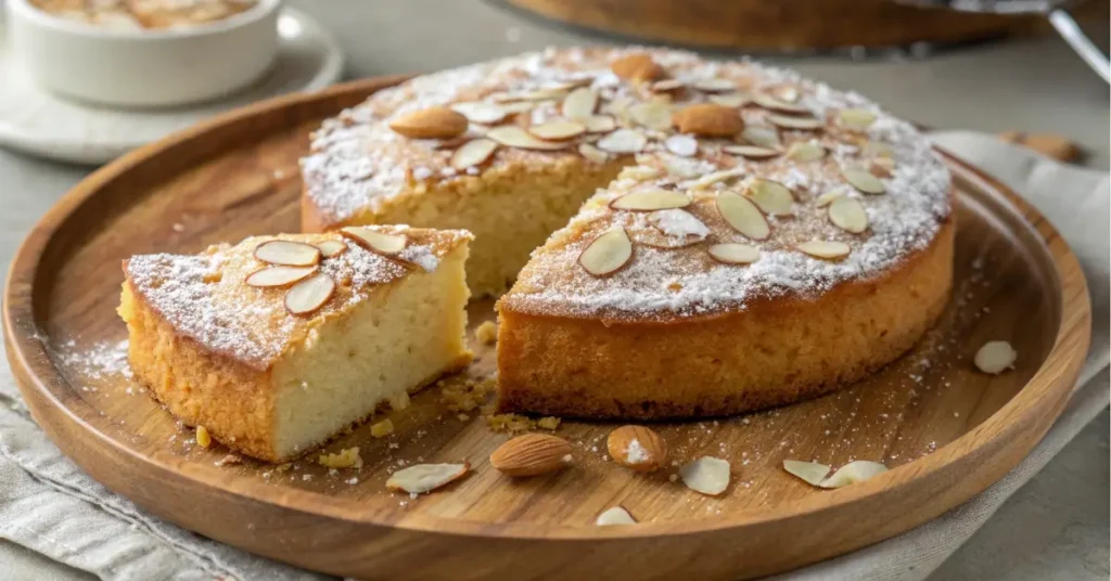 almond cake recipe with almond meal topped with powdered sugar