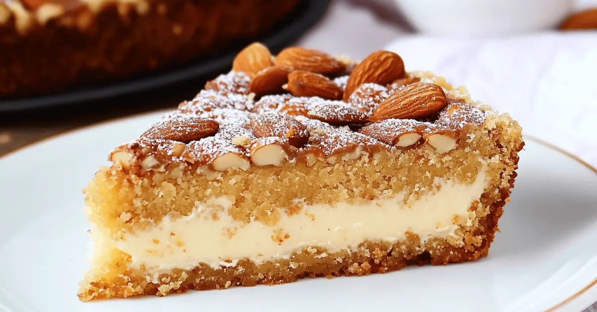 moist almond cake sliced on wooden table