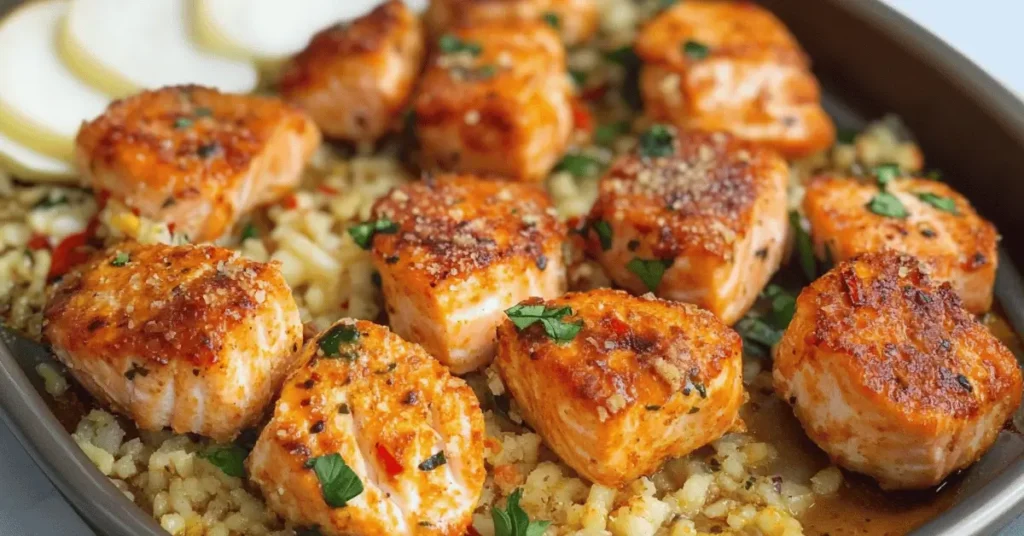 Baked salmon bites served with lemon and herbs