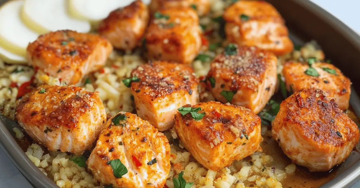 Baked salmon bites served with lemon and herbs